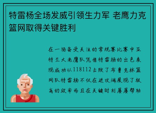 特雷杨全场发威引领生力军 老鹰力克篮网取得关键胜利