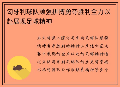 匈牙利球队顽强拼搏勇夺胜利全力以赴展现足球精神