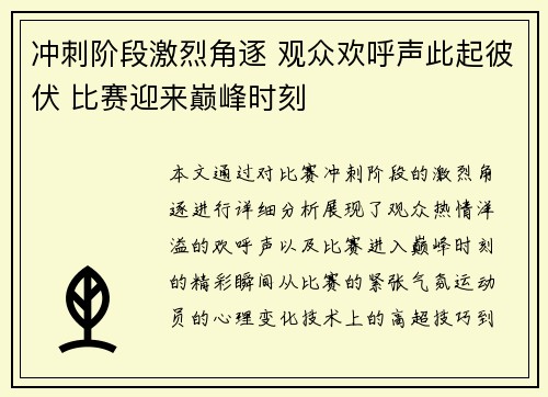 冲刺阶段激烈角逐 观众欢呼声此起彼伏 比赛迎来巅峰时刻
