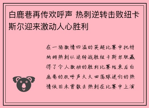 白鹿巷再传欢呼声 热刺逆转击败纽卡斯尔迎来激动人心胜利