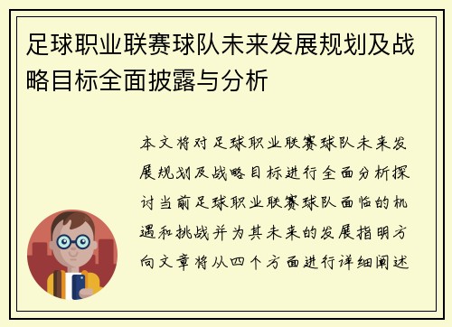 足球职业联赛球队未来发展规划及战略目标全面披露与分析