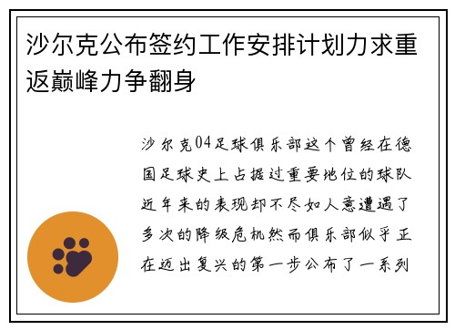 沙尔克公布签约工作安排计划力求重返巅峰力争翻身