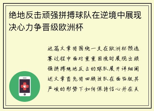 绝地反击顽强拼搏球队在逆境中展现决心力争晋级欧洲杯