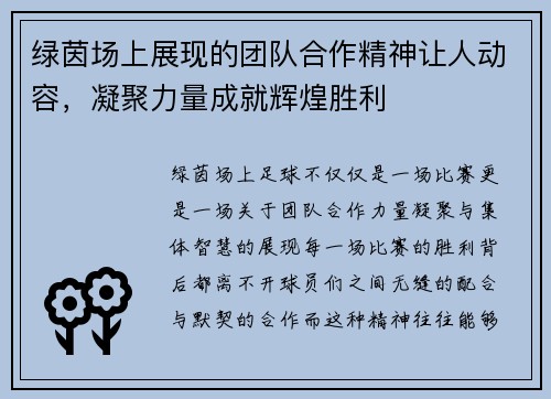 绿茵场上展现的团队合作精神让人动容，凝聚力量成就辉煌胜利